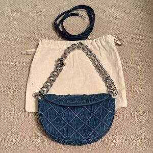 Tory Burch Mini Fleming Soft Denim Crescent Bag in Quilted Blue Denim